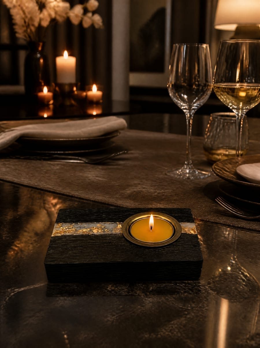 Bog oak candle holder for 1 tealight — 120 × 80 × 30 mm — Beeswax