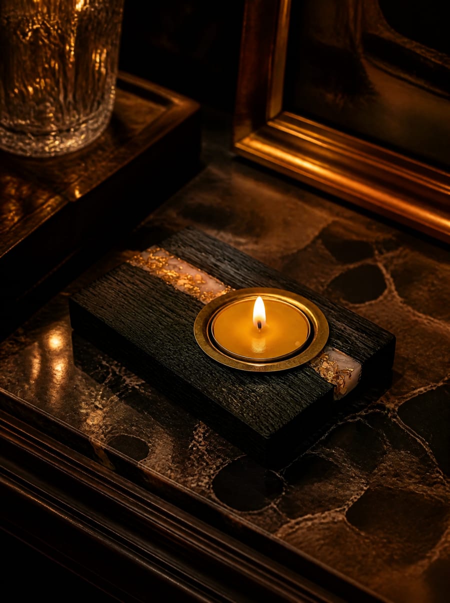 Bog oak candle holder for 1 tealight — 120 × 80 × 30 mm — Ancient bog oak