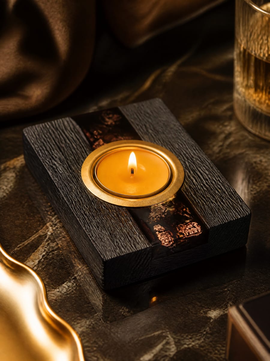 Bougeoir en chêne des marais pour 1 bougie tealight — 100 × 80 × 30 mm — Chêne des marais fossile