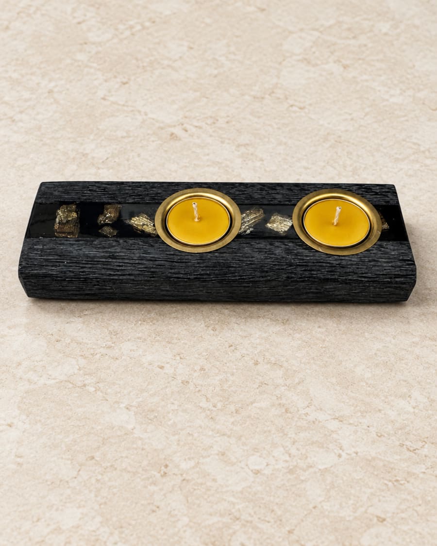 Bog oak candle holder for 2 tealights — 180 × 80 × 30 mm — Ancient bog oak
