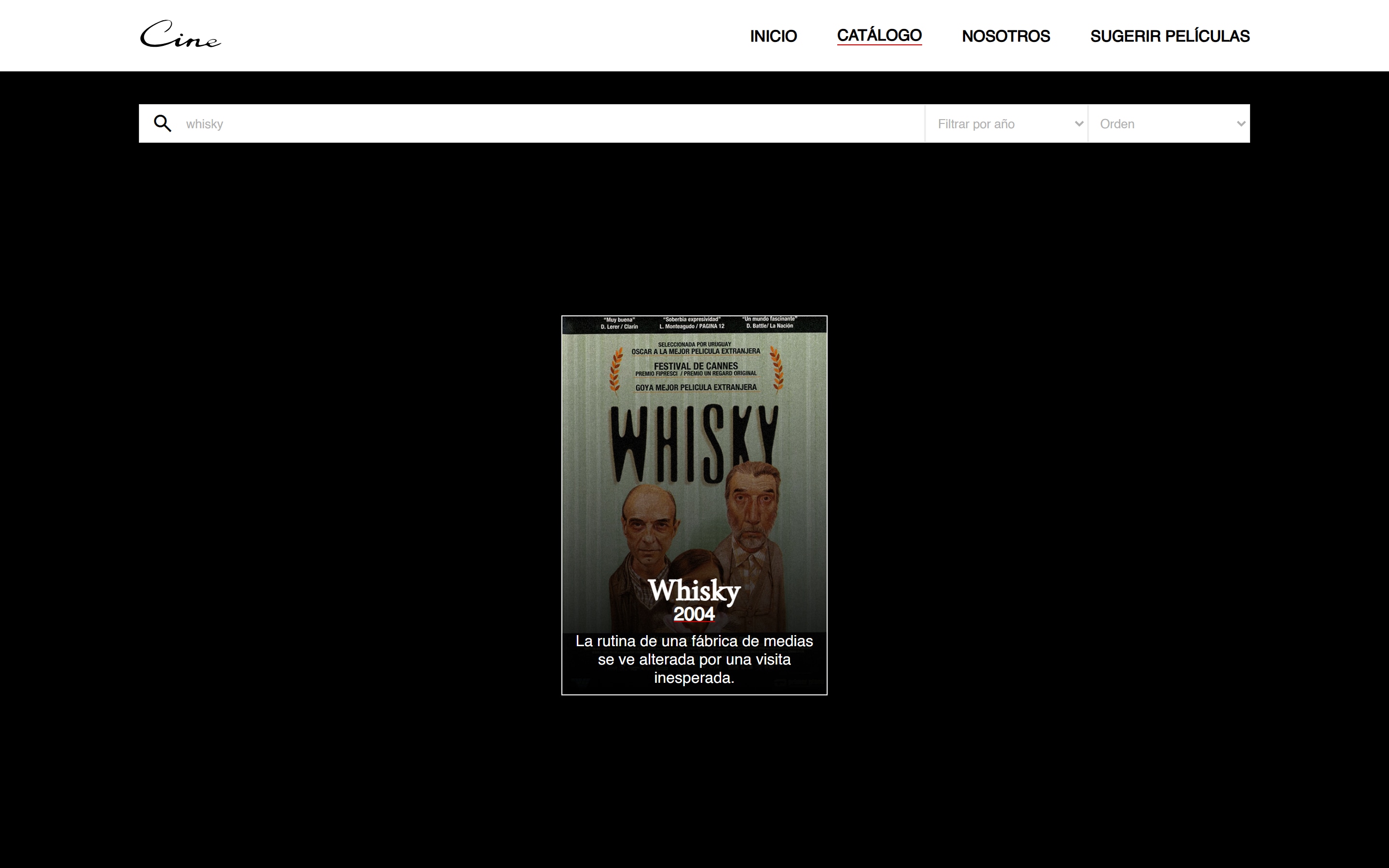 El buscador filtrando en vivo: escribiendo "whisky" queda una sola película en pantalla