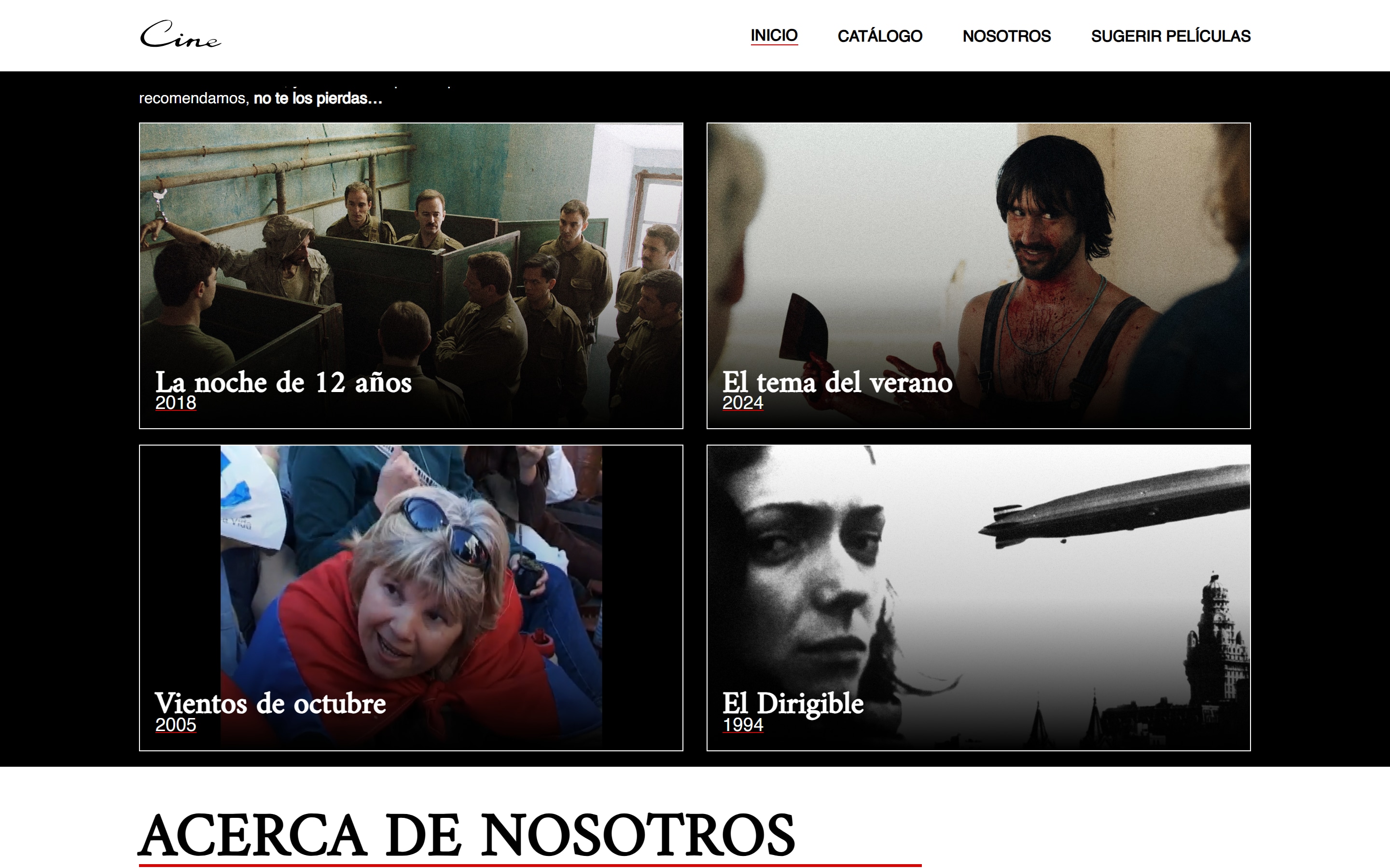 La sección de recomendaciones del inicio, con cuatro películas sorteadas del catálogo