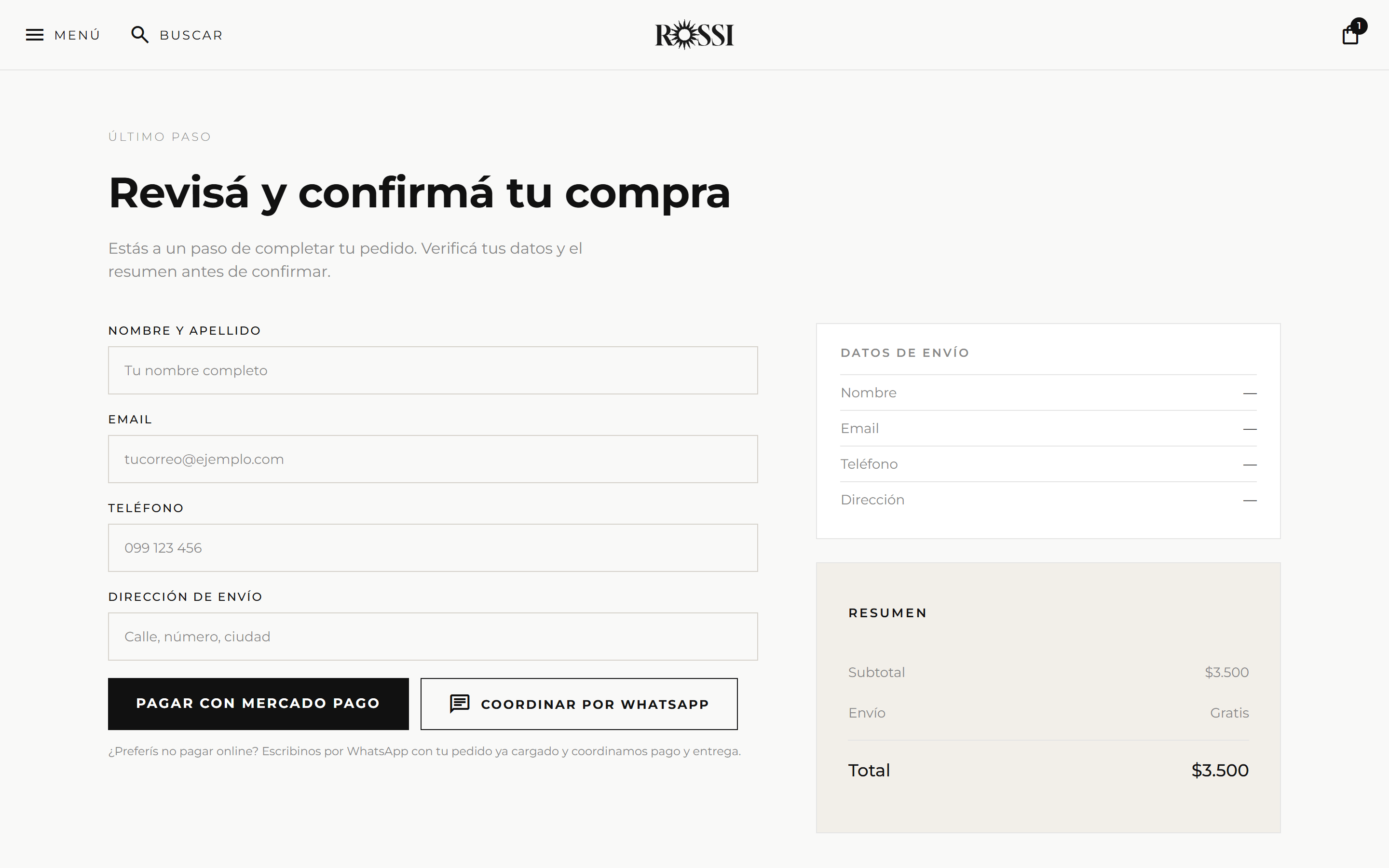 El checkout en un solo paso: los datos de envío, el resumen, y las dos formas de cerrar la compra