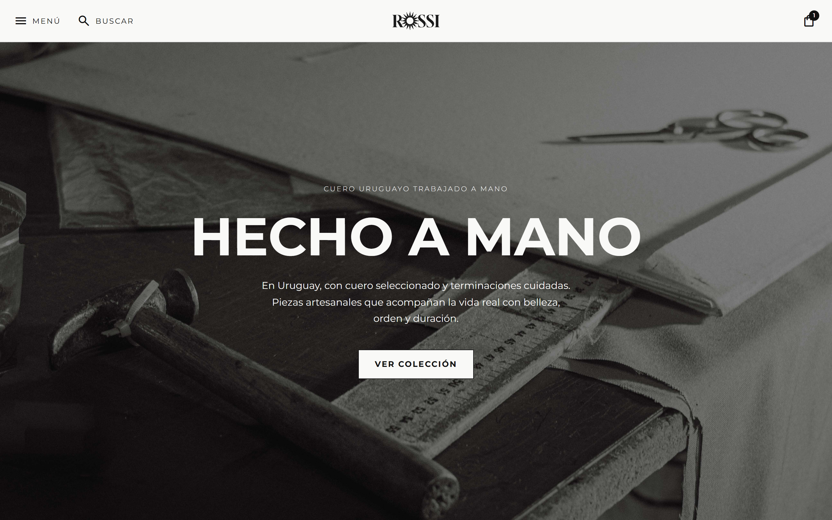 La portada de rossi.uy: una foto del taller a pantalla completa con el título "Hecho a mano"