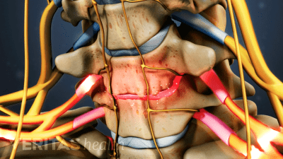 Nerve compression from a degenerated disc in the cervical spine.
