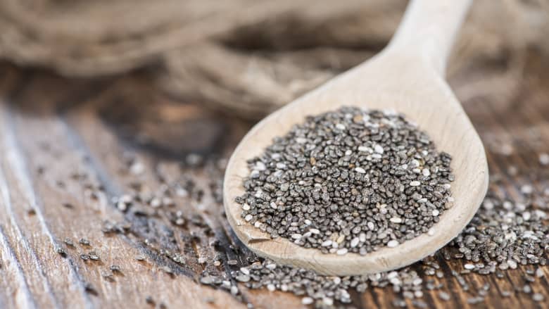 Chia seeds in a wooden spoon