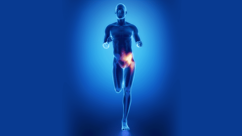 3D rendering of a human man standing on one leg running. Hip highlighted in orange.