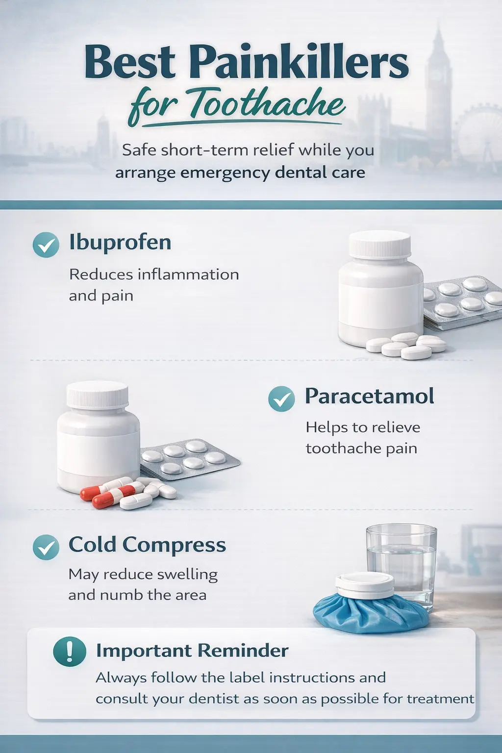 Infographic: Best painkillers for toothache — comparing ibuprofen, paracetamol, and combination use