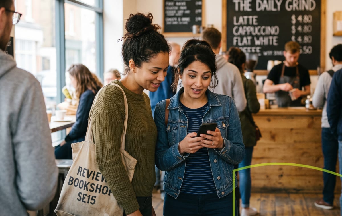 Two friends in a busy coffee shop, one showing the other something on her phone.