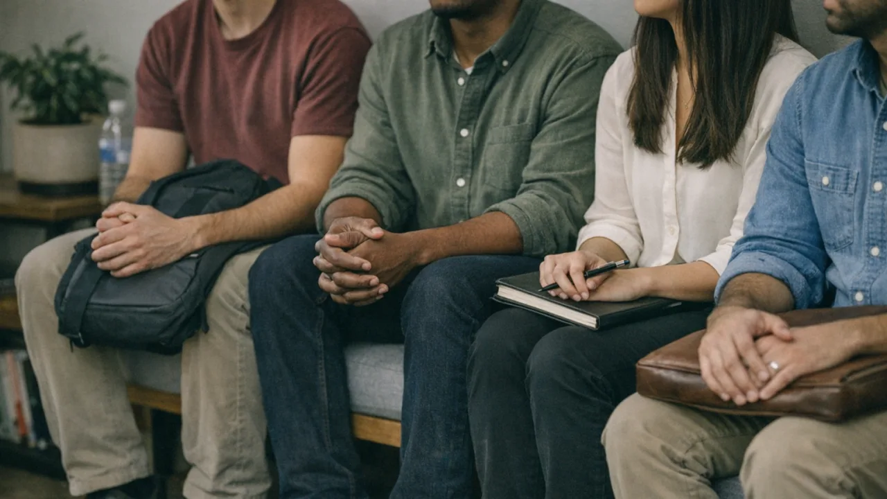 A waiting room with four candidates sitting in it