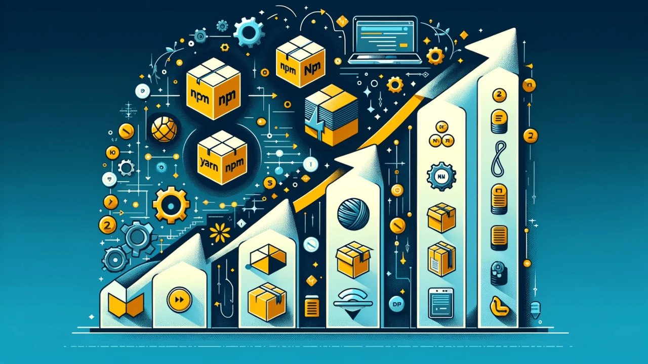 Isometric graphic of a software development lifecycle with package managers, version control, and programming tools ascending along a growth arrow in yellow and blue tones.