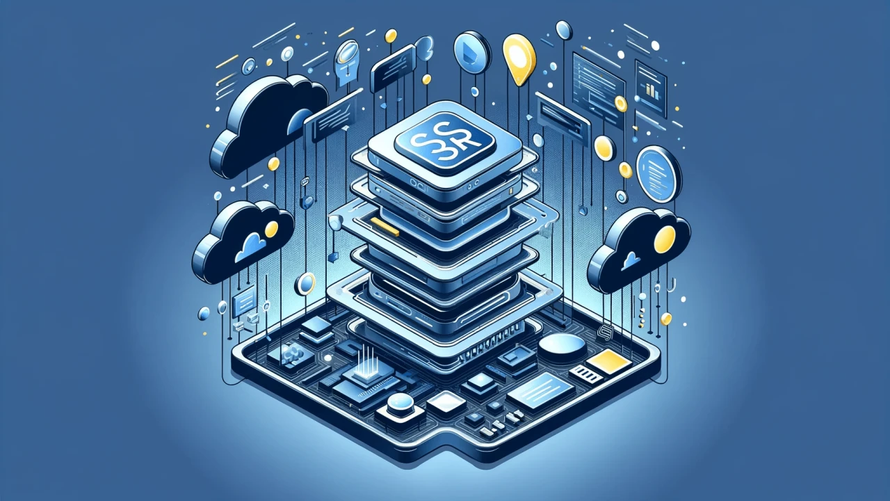 Isometric digital illustration of a multilayered data center with cloud computing icons, data blocks, and connectivity symbols in a blue color scheme.