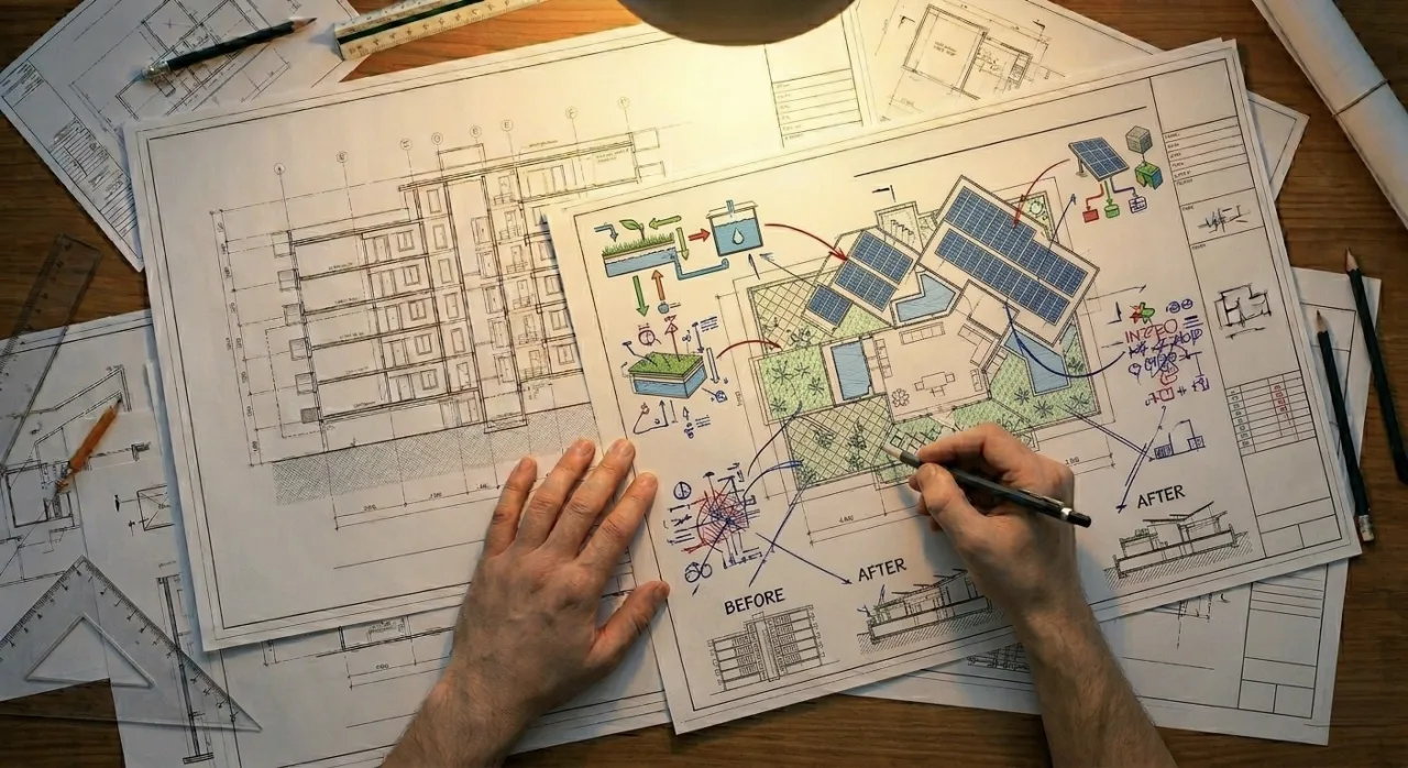 An architectural blueprint covered in red-pen revisions and margin notes, showing an early design being reworked under new constraints