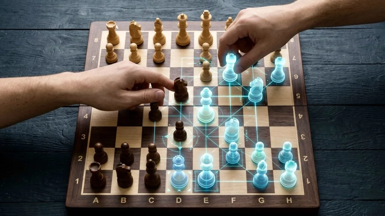 A chess board mid-game rendered in a digital style, pieces arranged in a tense position, a metaphor for structural decisions under shifting constraints