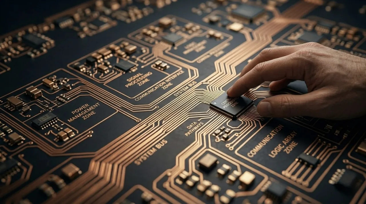 Macro photo of one circuit board with labeled sections connected by a few shared traces