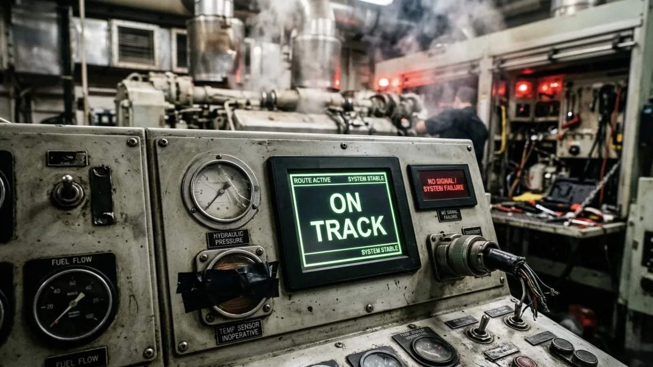 Control panel showing "On track" while critical sensors display "no signal" and a cable is visibly disconnected