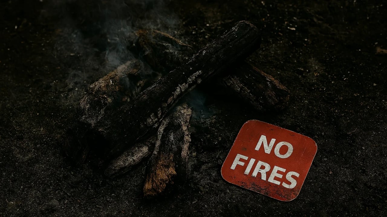 Abandoned campfire pit with smoke rising and a warning sign.