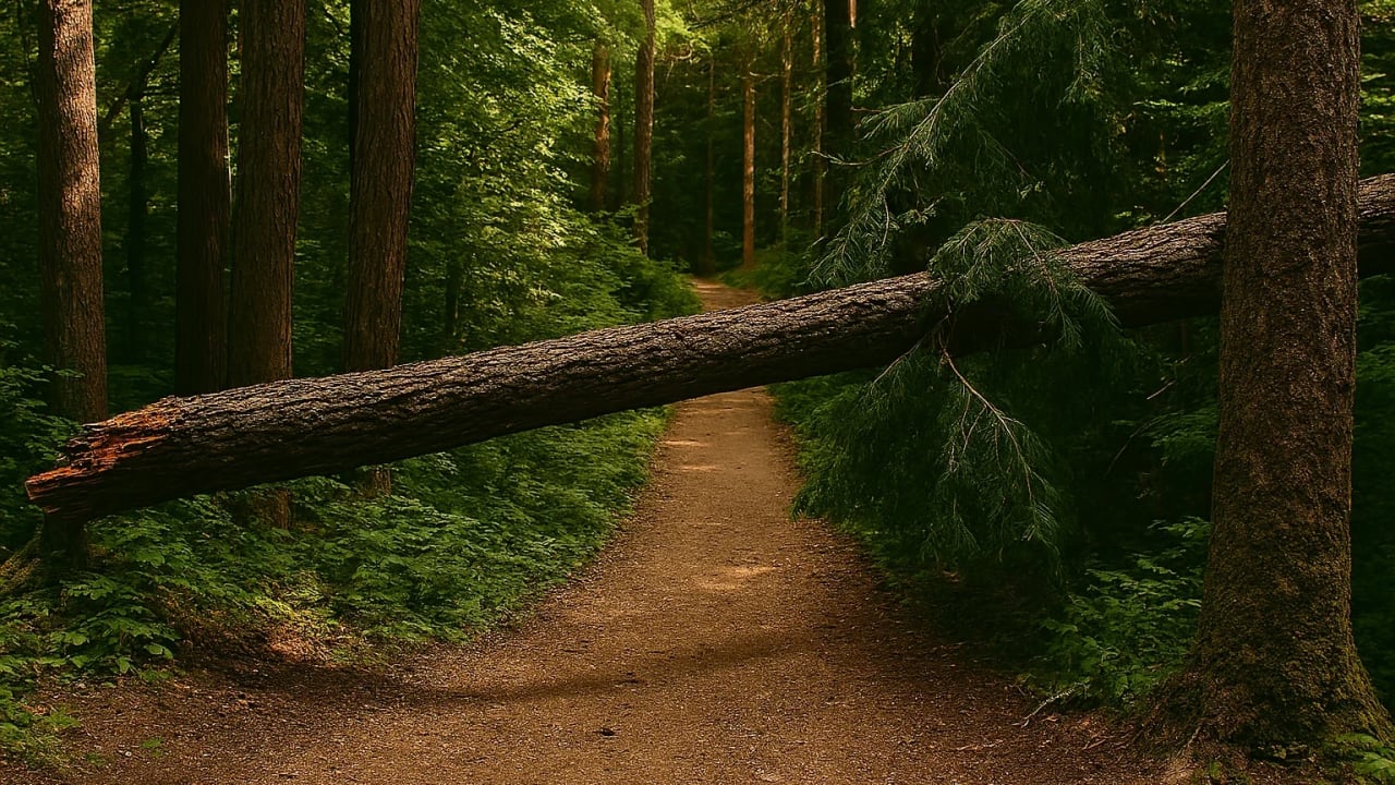 A fallen tree blocking a forest trail.