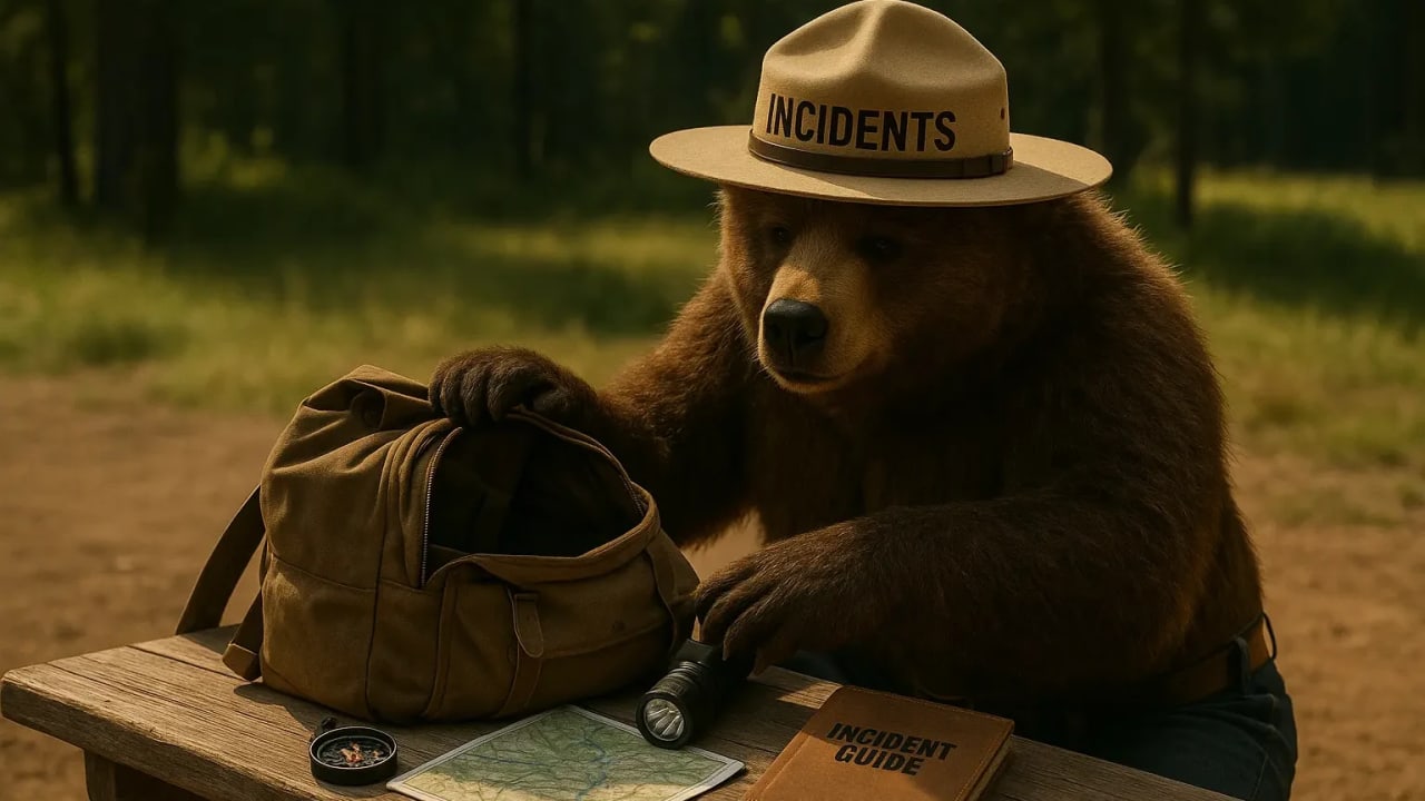 Ranger bear packing a backpack with compass, map, and tools.