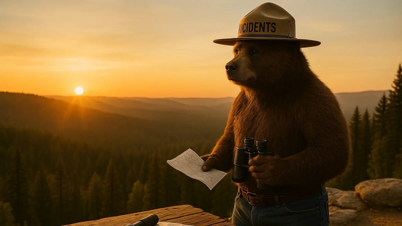 Ranger bear on a rocky overlook at dawn with map and binoculars.