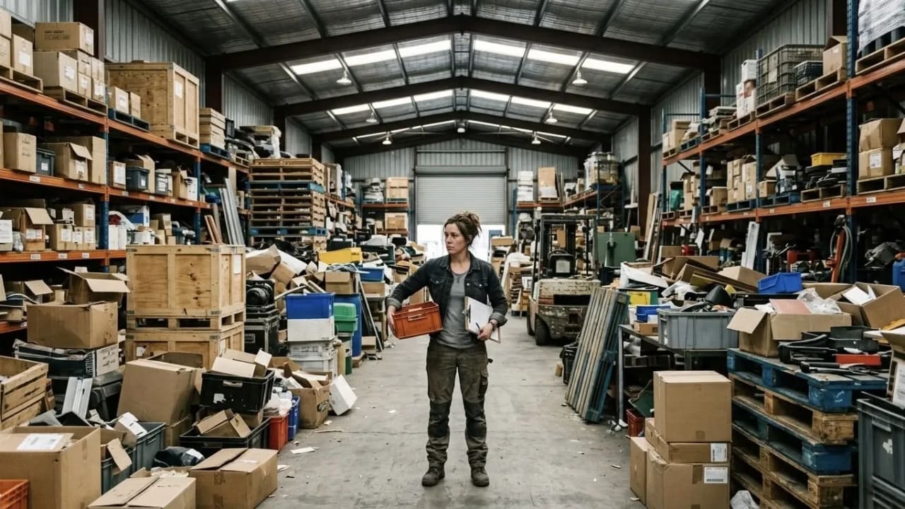 A person standing in a cluttered warehouse, beginning to take stock of what they've inherited