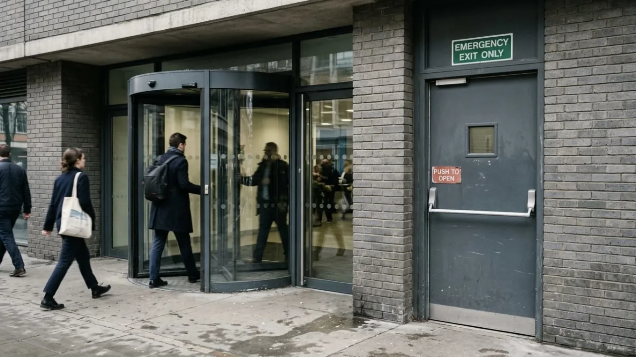 A building entrance with two adjacent doors side by side: a revolving door and a plain emergency exit with a push bar, shot in muted natural light