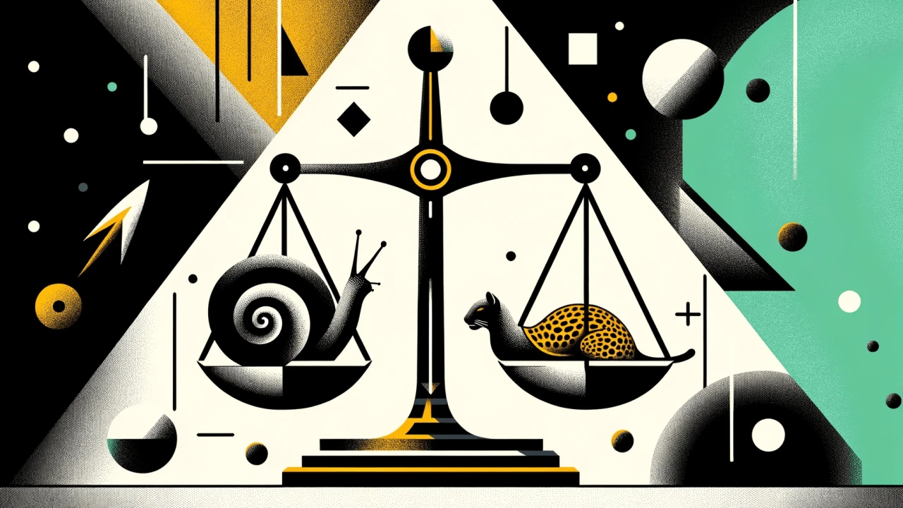 A 16x9 neo-brutalist image showcasing a scale with a snail on one side and a leopard in a snail shell on the other. Predominantly black and white, with pops of color highlighting key elements. The background features abstract geometric shapes, enhancing the minimalist, modern design.
