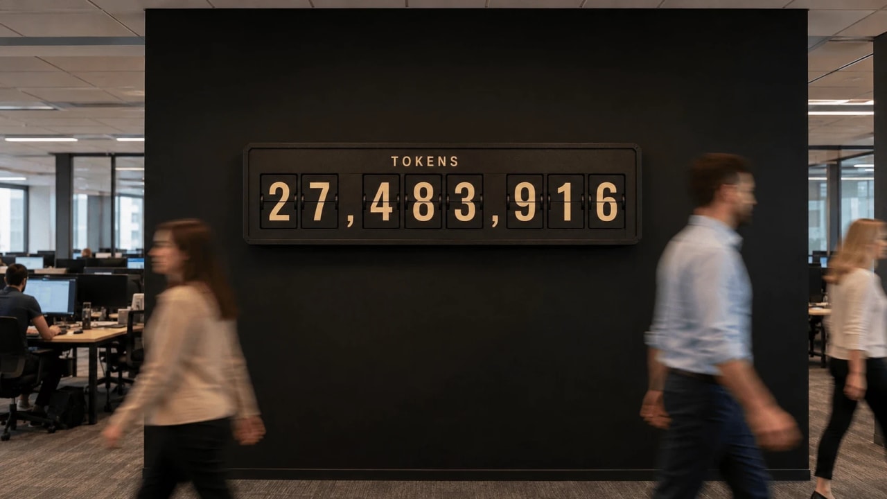 A retro split-flap counter labeled TOKENS on a black office wall displays a number in the tens of millions while coworkers walk past in a motion blur