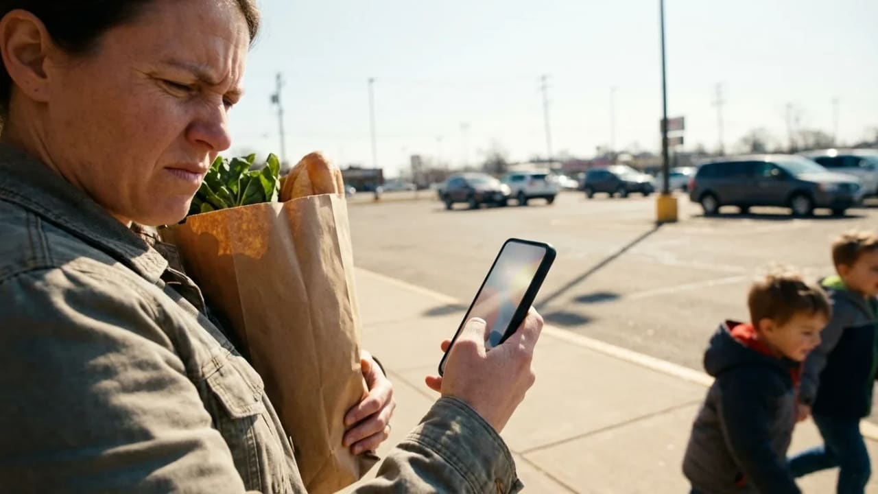 A woman shielding her phone screen from bright sunlight glare, illustrating how situational conditions create accessibility barriers for everyday users.