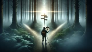 An explorer at a foggy forest crossroads holding a compass with a light beam highlighting one path.