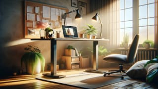 A serene, well-lit home office setup with a standing desk, laptop, headphones, desk lamp, and an indoor plant, highlighting an efficient and comfortable remote work environment.