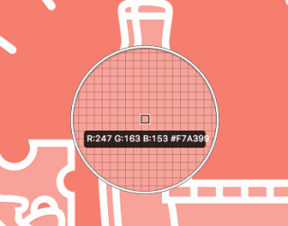 Close-up of a digital color picker tool focused on a soda bottle icon, displaying the RGB values and hexadecimal color code on a coral background.