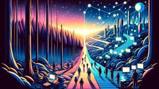 Vibrant digital transition scene with web developers on a glowing path from Angular woods to Remix tech city under a starry sky.