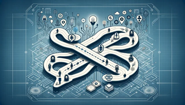Graphical representation of distinct engineering career paths, with symbolic icons for individual contributors and managers set against a tech-inspired background