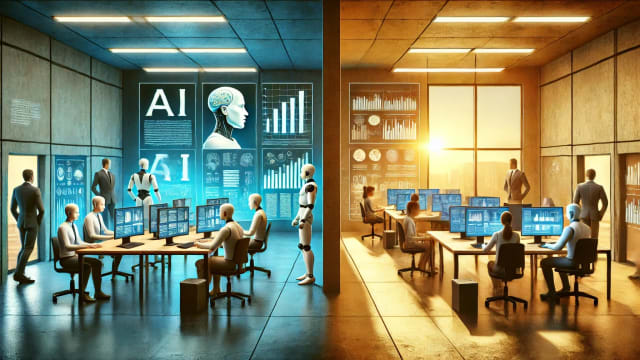 Futuristic office split: AI-powered robots on left, humans on right.
