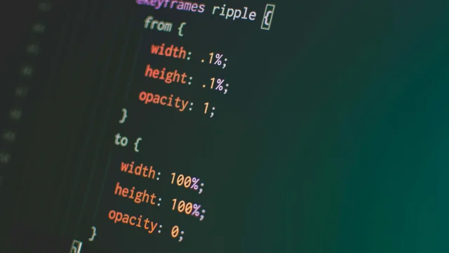 Close-up of a computer screen displaying CSS code with keyframes and properties, illustrating the syntax and structure of web styling.