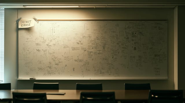A whiteboard covered in years of faded hand-drawn diagrams with a handwritten DO NOT ERASE sign taped to it, in an empty meeting room, a metaphor for critical knowledge that was never properly captured