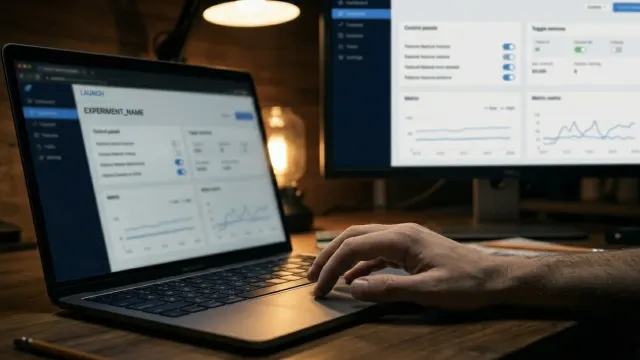 A laptop on a cluttered workbench surrounded by sketches, sticky notes, and prototype parts, a visual for using code as a live experiment rather than a deliverable