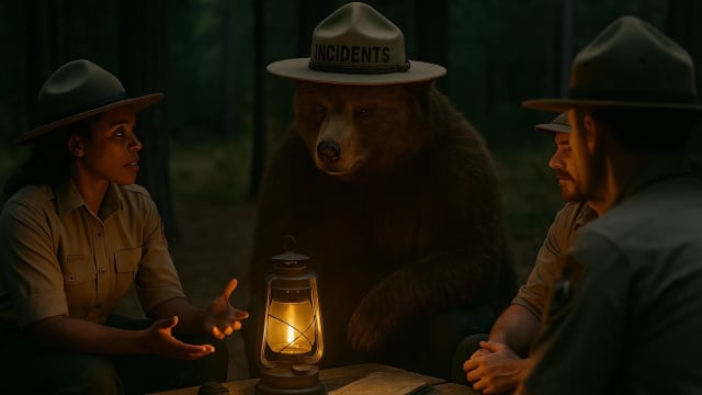 Ranger bear listening as another ranger speaks in a safe group circle.