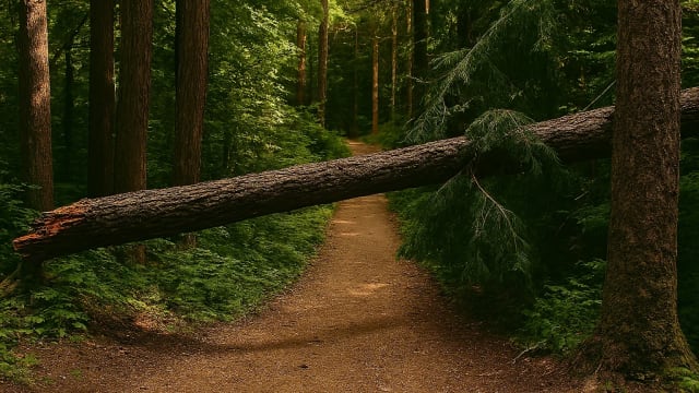A fallen tree blocking a forest trail.