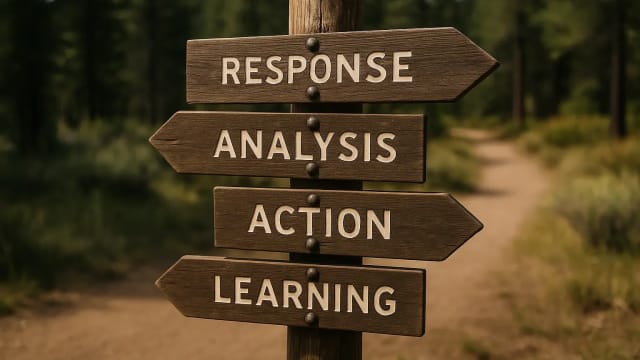 A trail sign with four arrows pointing in different directions.