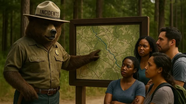Ranger bear briefing hikers at a large trailhead map.