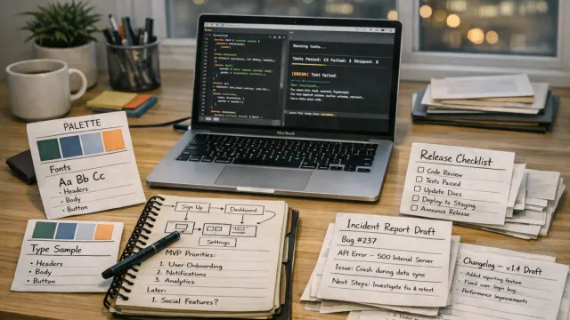 A laptop on a desk surrounded by papers indicating UX work, design work, and engineering work