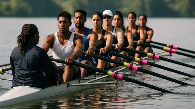 Eight rowers in a racing shell move in sync while a coxswain at the back calls direction on calm water.