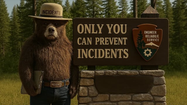 Grizzled ranger bear beside spoofed park sign: "ONLY YOU CAN PREVENT INCIDENTS."