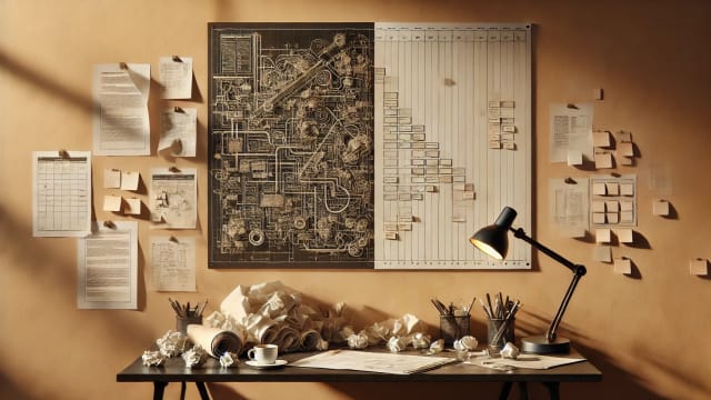 Desk with a crumpled complex blueprint on the left and a clean, simple plan using sticky notes on the right.