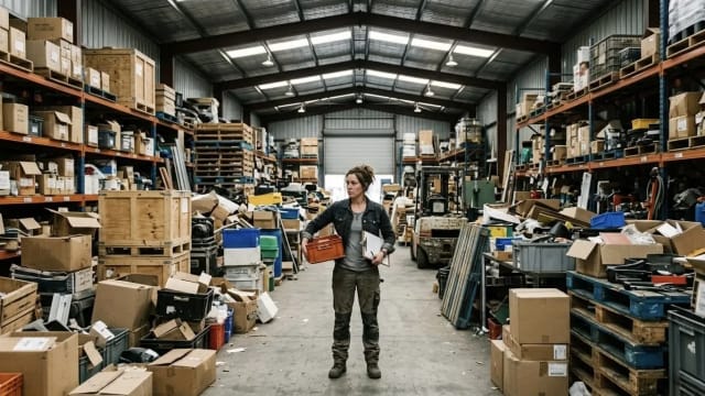 A person standing in a cluttered warehouse, beginning to take stock of what they've inherited