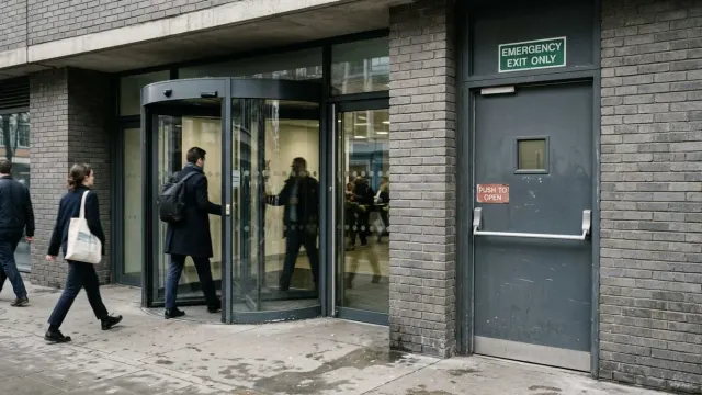 A building entrance with two adjacent doors side by side: a revolving door and a plain emergency exit with a push bar, shot in muted natural light