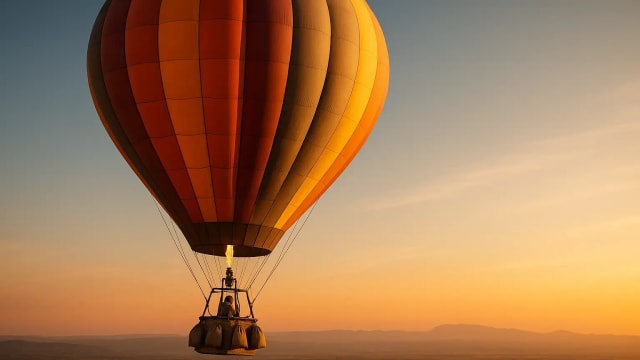 Hot air balloon rising at golden hour with sandbags visible on the basket, symbolizing balance, control, and steady momentum.