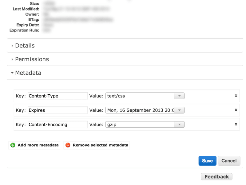 A screenshot of AWS S3 meta settings.